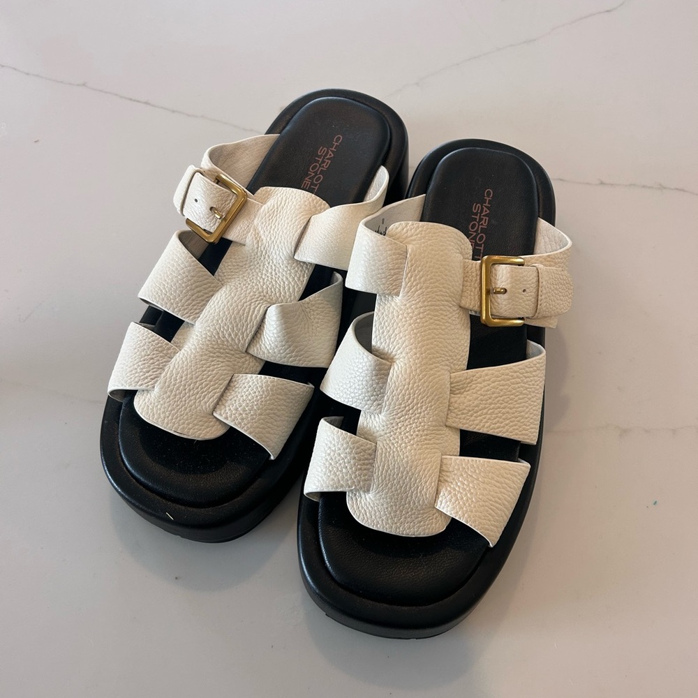 Charlotte Stone Cream fisherman platform Sandals with Gold Buckle